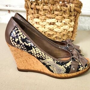 Sperry Women's Snakeskin Peep Toe Heels - Black and Brown Size 8 4 Inch Wedge